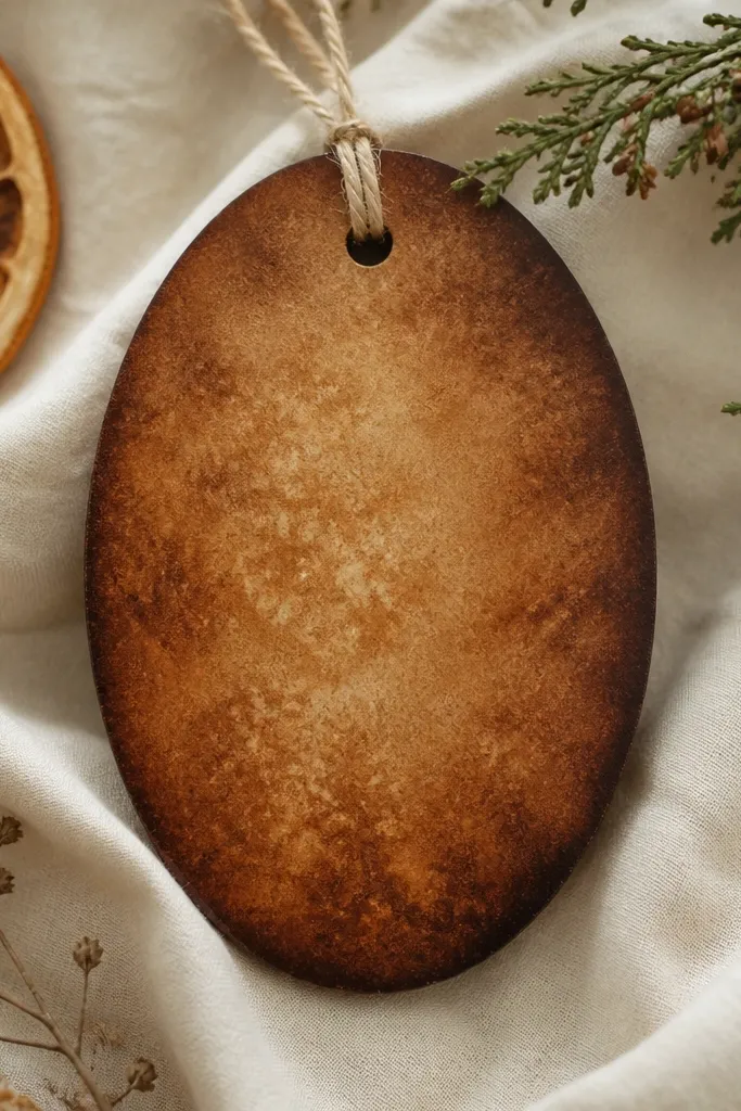 An oval ornament with a warm cinnamon-brown wash, lighter beige speckles, and darker edges that look like stained wood, matte finish.