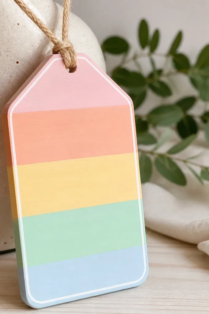 A tag-shaped ornament painted pastel stripes in pink, peach, yellow, mint, and light blue, with a white border line around the edge.