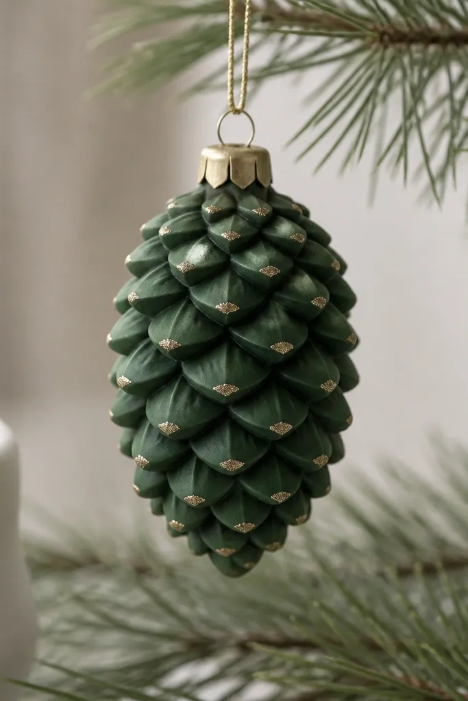 A pinecone-shaped ornament painted matte forest green with darker grooves in the ridges and tiny gold specks on the tips.