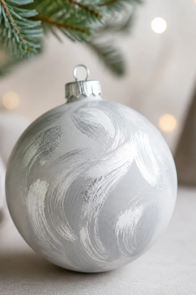 A round ornament with a light gray base and thick silver brushstroke swirls like snowfall, finished with satin clear.