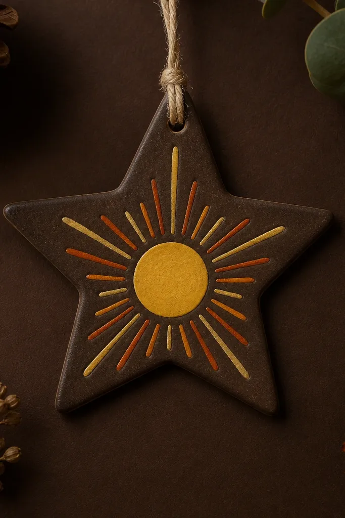 A star ornament with a marigold yellow center circle and short sunray lines radiating outward in orange and gold, set on a deep brown background.