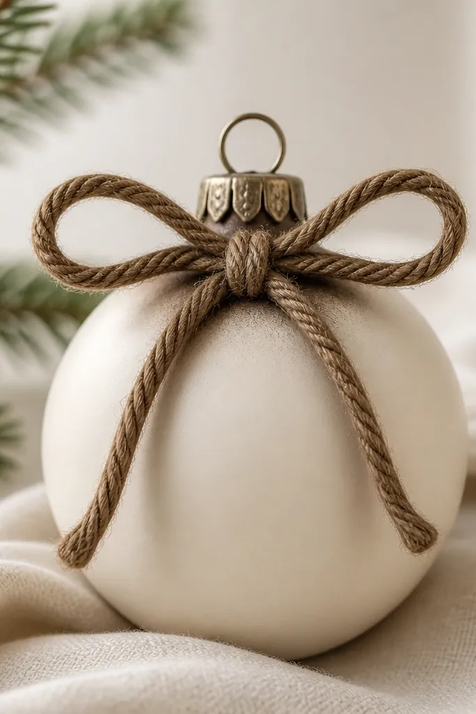 A dressed ornament showing a cream base with a 3D brown rope bow tied near the top, with tiny dark brown shading around the bow loops.