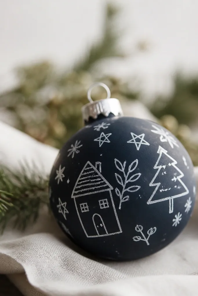 A small ornament painted deep navy matte, with white handwritten-style words and doodles, looking like a chalkboard.