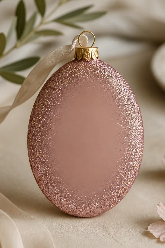 An oval ornament with a matte dusty rose base and a glitter gradient concentrated on the outer edge, fading inward.