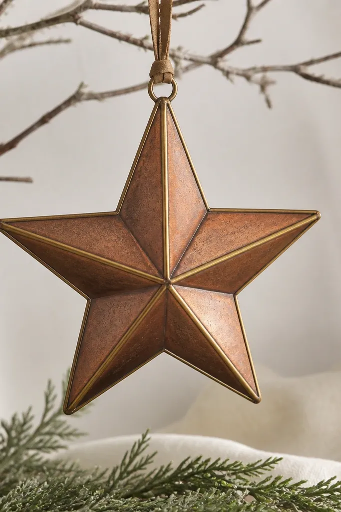 A star ornament with a copper-brown wash across the surface and thin antique brass lines on the edges and points.