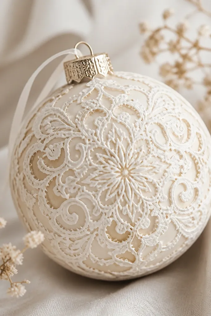 A cream ornament with white lace-like stencil patterns across the face, with a few darker cream shadows in the recesses.