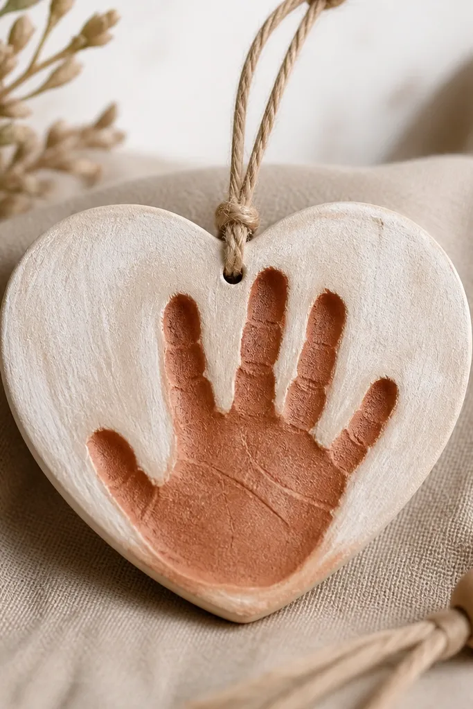 A heart ornament with a terracotta handprint pressed into the dough, then painted with a lighter cream wash around the print.