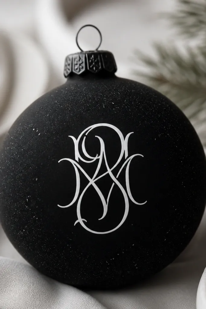 A black ornament with a soft matte surface and a white monogram in the center, with tiny subtle gray speckles like velvet.