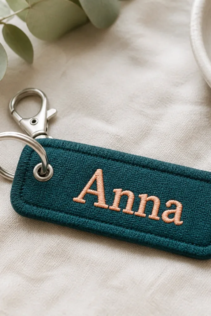 A small rectangular keychain made from dark teal cotton with a rounded fabric edge. A neat embroidered name in warm peach thread sits centered. A silver split-ring and small lobster clasp are attached at the top.
