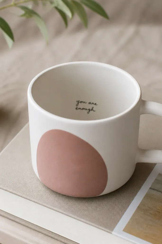 A white ceramic mug with a matte finish. Outside it has a simple painted shape in dusty rose. Inside the rim, a short hand-lettered quote in black sits near the bottom, visible when you look in.