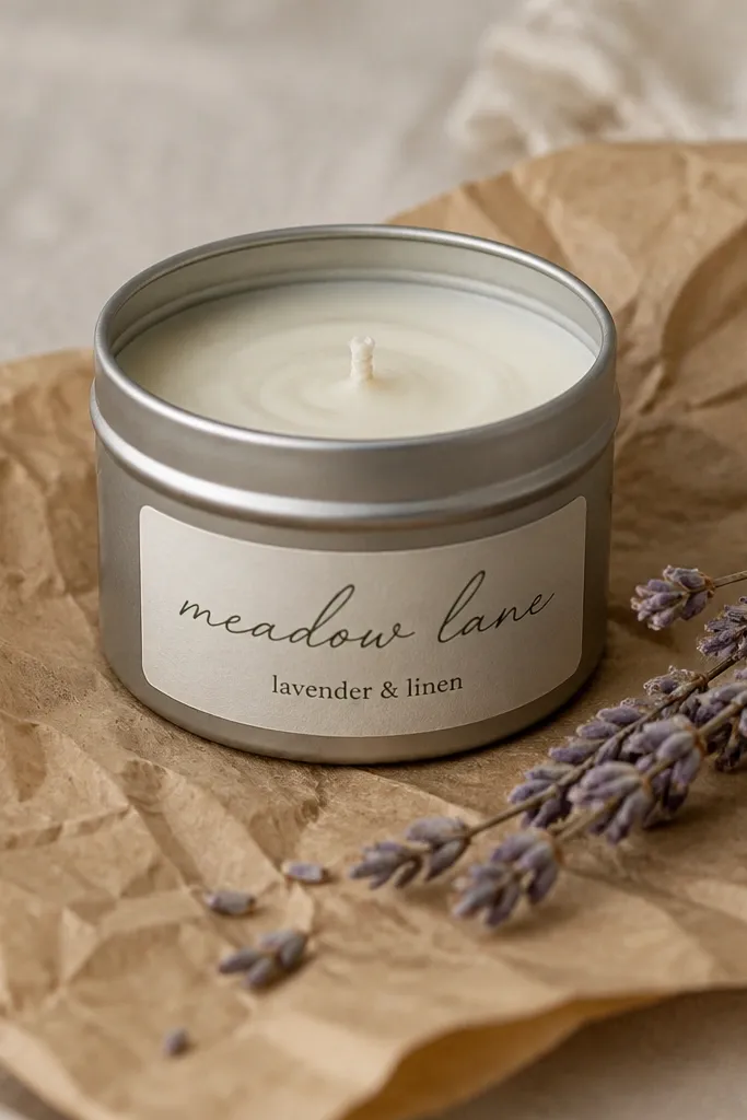 A small metal tin candle with a smooth top surface, swirled faintly. The label is a cream rectangle with a handwritten-style name in dark green ink and a scent name beneath. The tin sits on kraft paper with a little sprig of dried lavender.