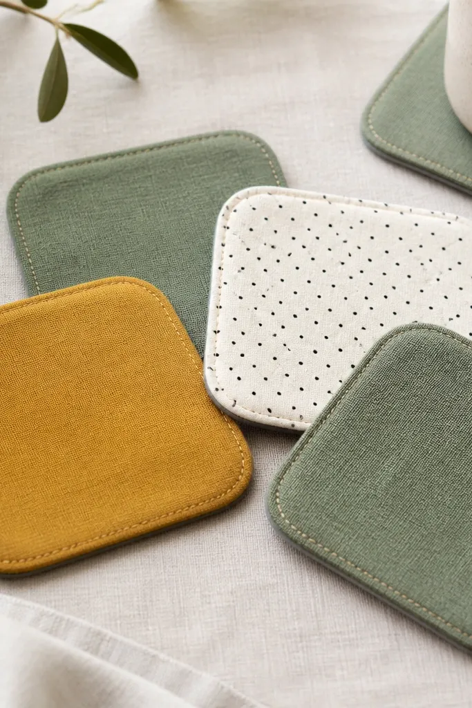 Four coasters with rounded corners. Each coaster has a front in different fabric: one in mustard cotton, one in white with tiny black dots, and two in muted green. The backs are solid gray flannel, and the edges have visible topstitching.