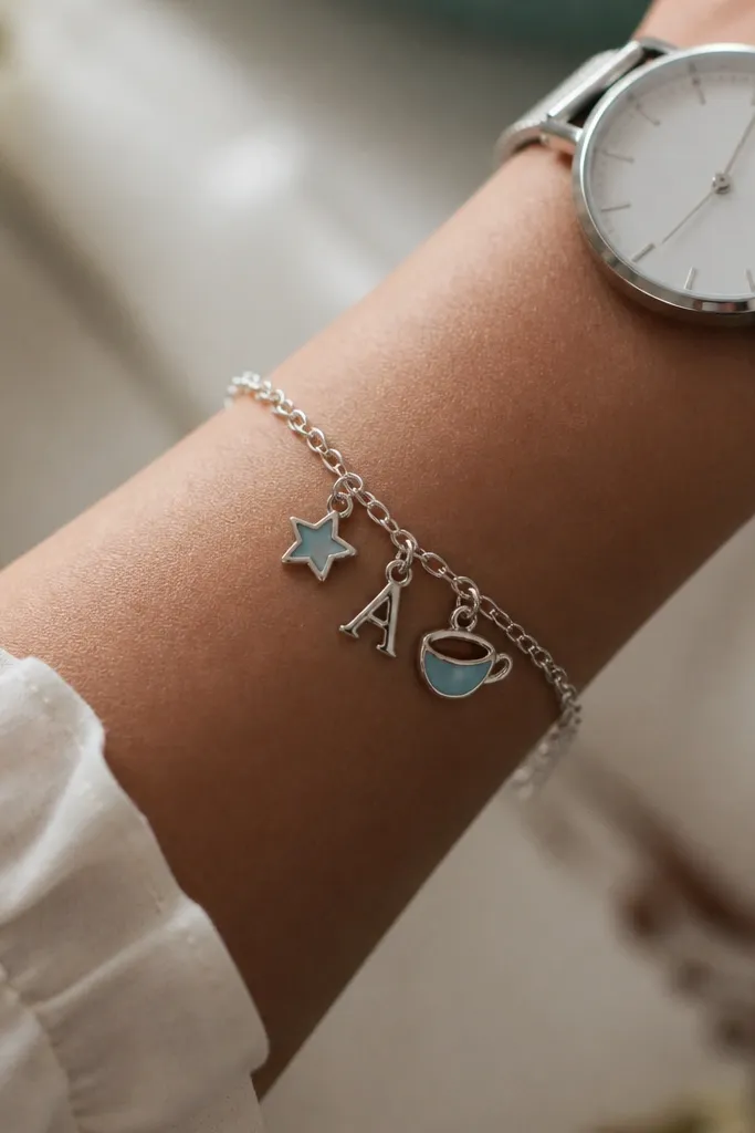 A silver bracelet with three small charms. One charm is a tiny enamel star, one is a letter charm, and one is a small charm shaped like a teacup. The bracelet is photographed on a wrist with a simple watch.