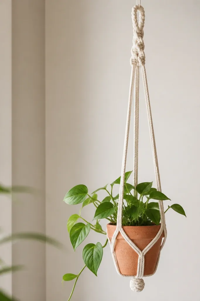 A hanging plant holder made from off-white cotton rope. The top has a braided loop, then three evenly spaced vertical cords. The bottom is tied in a neat knot cluster supporting a small terracotta pot.