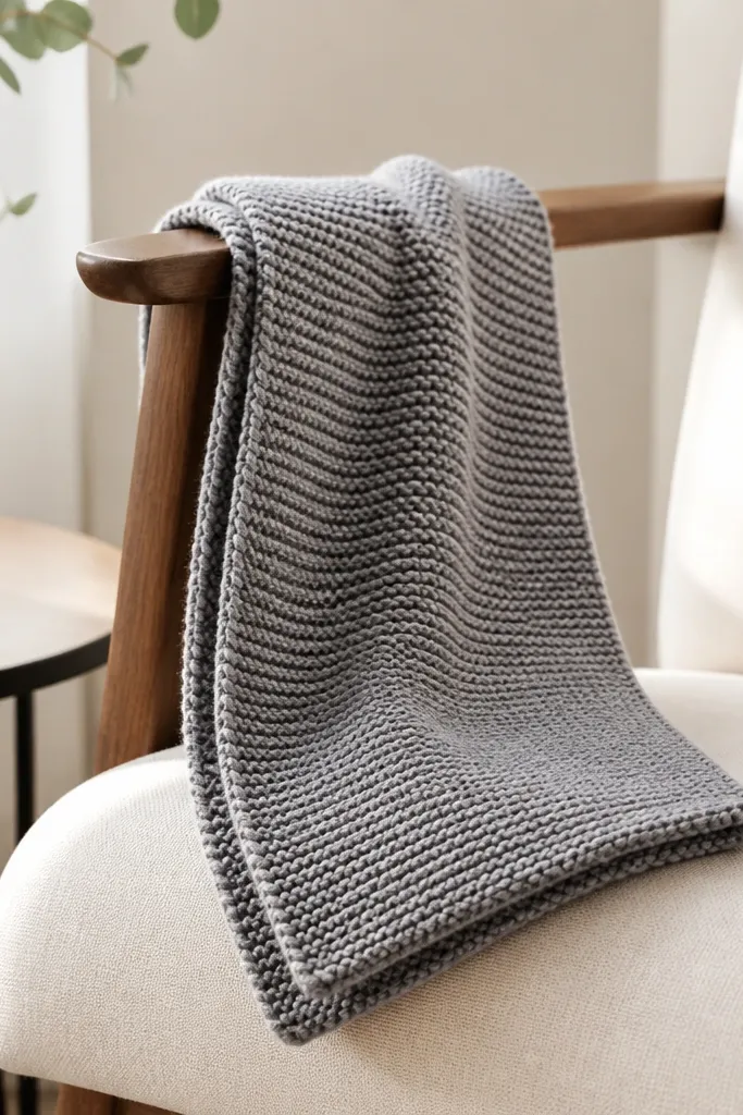 A narrow scarf knitted in a soft gray yarn with a simple garter stitch texture. It drapes over a chair arm. The edges are neat and slightly rolled, and the yarn looks plush and even.