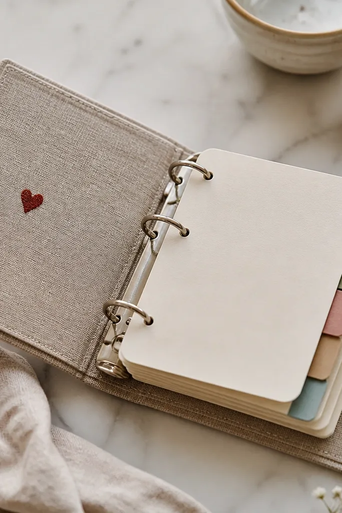 A small ring binder with 6 recipe cards. The cards are thick and have stitched binding on the corner. Tabs show categories like 'Breakfast' and 'Dessert'. The cover is fabric with a small embroidered heart.