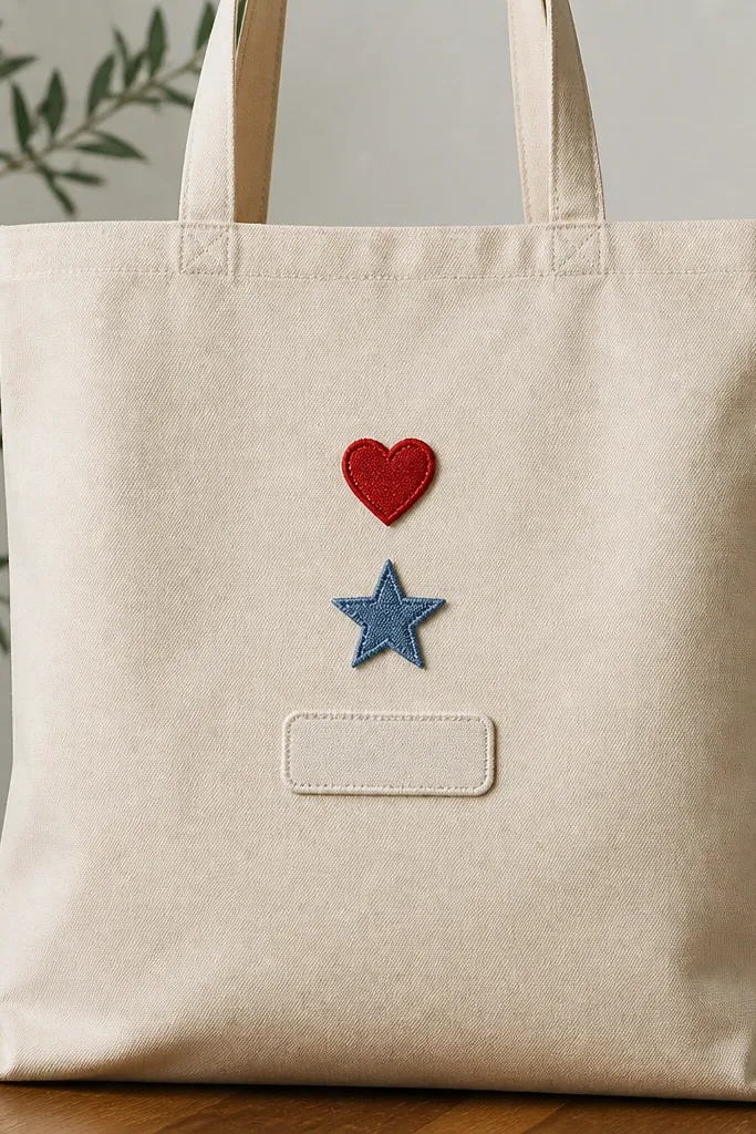 A canvas tote bag in natural beige. A set of iron-on patches sits centered: a small red heart patch, a blue star patch, and a stitched name patch. The patches are aligned and the bag has a clean top hem.