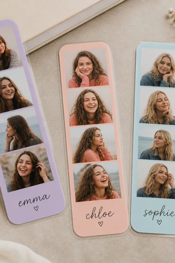 Three laminated bookmarks in different colors. Each has a photo strip and a short handwritten-style name. The corners are rounded, and the lamination edges look sealed and smooth.