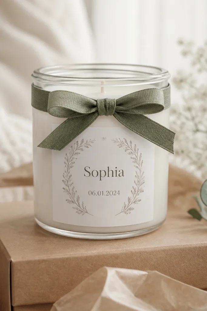 A store-bought candle in a glass jar. The front has a custom label with her name and a date. The jar has a ribbon band tied around it with a neat double knot, and kraft paper packaging sits underneath.