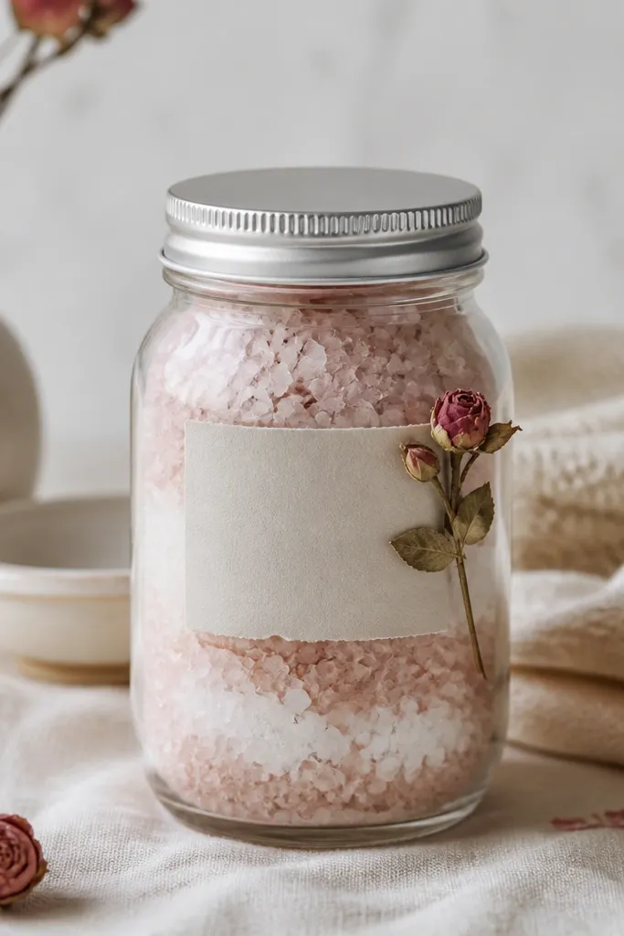 A glass jar filled with chunky bath salts in pale pink and white layers. A paper label sits on the jar with a simple handwritten name. The lid is screwed on tightly, and a small sprig of dried rose is tucked under the label corner.