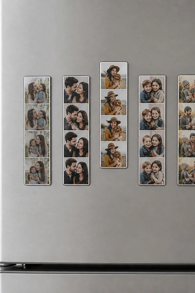 A set of small rectangle magnets with printed photo strips. Each has a thin border and a glossy finish. They're arranged on a fridge door in a neat row with one magnet slightly taller.
