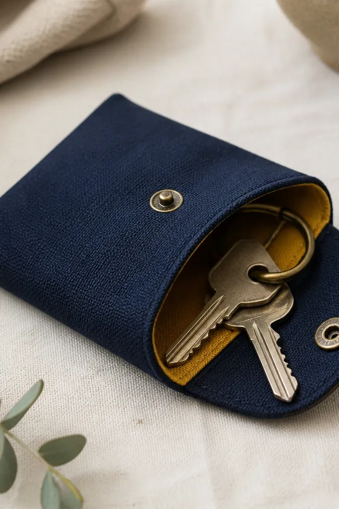 A small fabric pouch with a flap and a snap button. Inside is a keyring with two keys. The outside is made from durable navy canvas with a contrasting mustard lining visible at the opening.