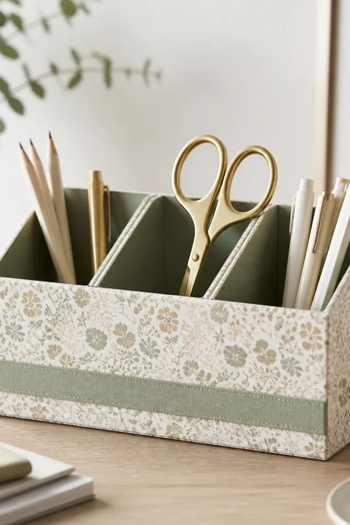 A small desk organizer with three compartments. The base is wrapped in patterned paper with a matte finish. The compartments have clean fold lines and a matching fabric ribbon label strip.
