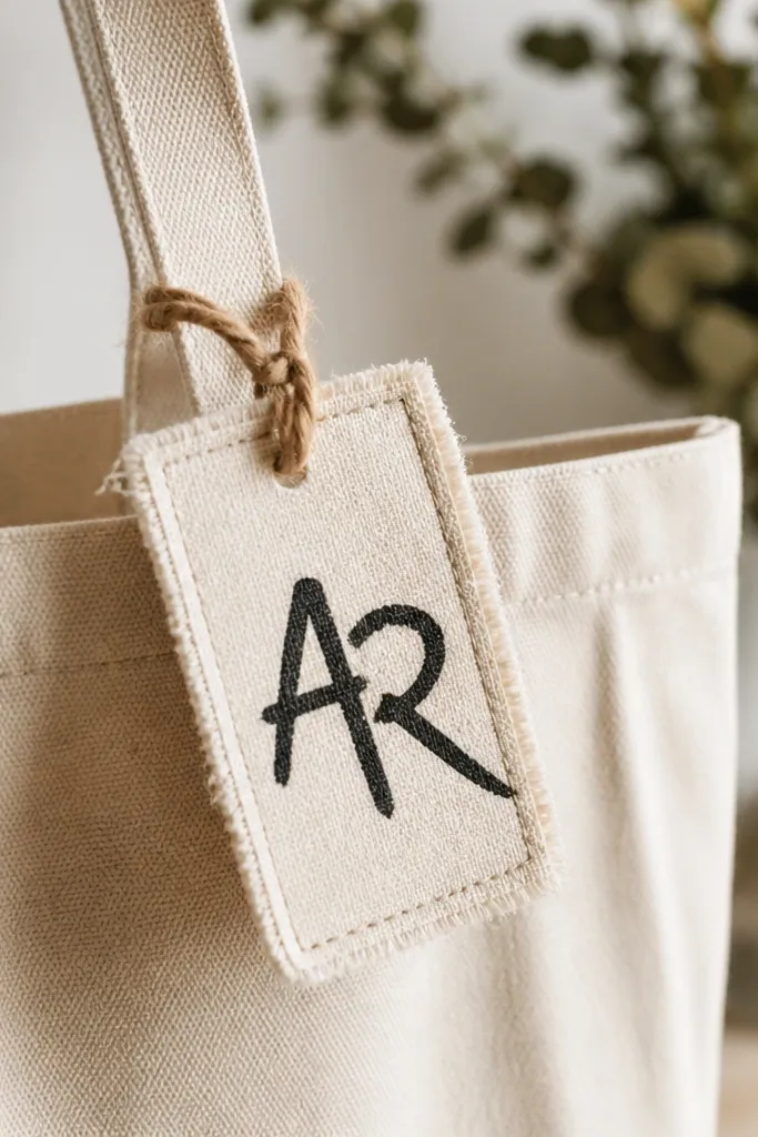 A rectangular fabric tag with her initials painted in black on a cream background. The tag is attached to a tote handle with a small piece of twine. The tag edges are stitched and slightly frayed in a charming way.