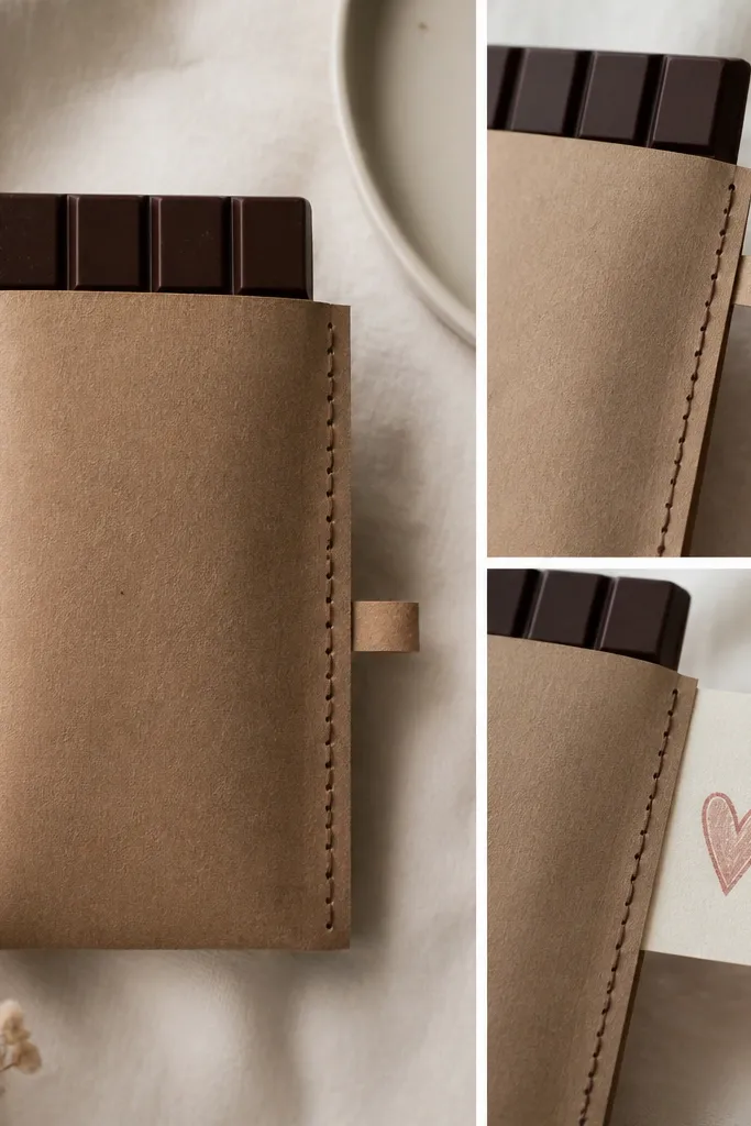 A store-bought item inside a handmade paper sleeve. The sleeve is made from thick kraft paper with a stitched side seam. A small pull-tab reveals a message when opened.