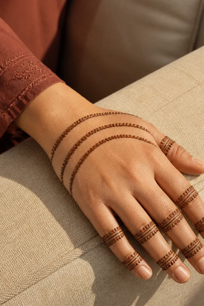 Back hand with three curved arcs and thin bands across each finger