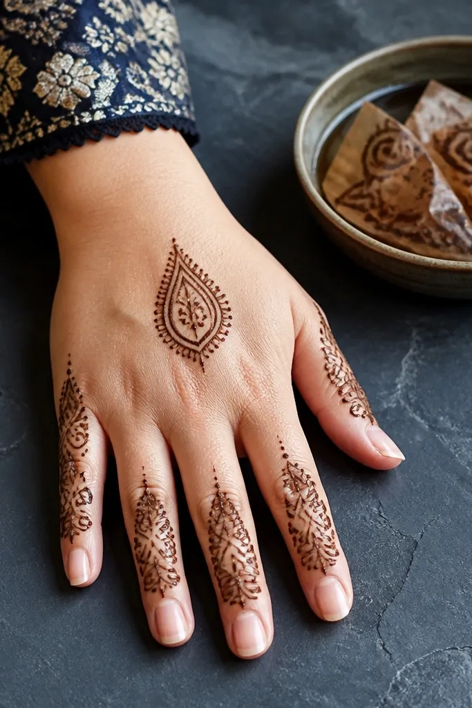 Single teardrop on back of hand with paisley details on finger sides