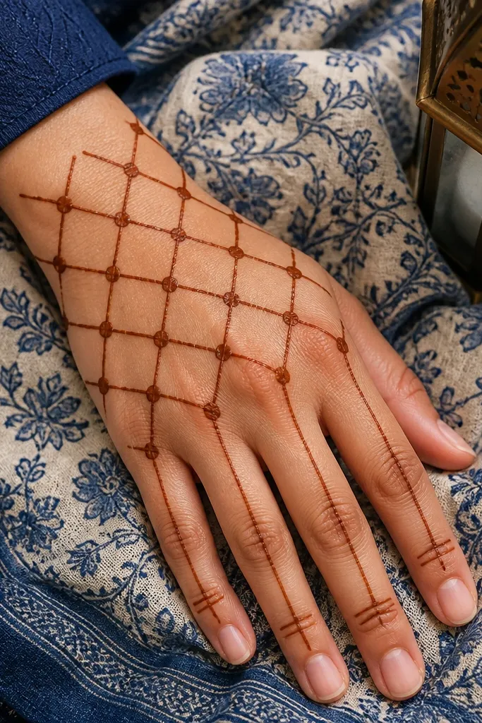 Lattice grid outline on back hand with four vertical bars on fingers