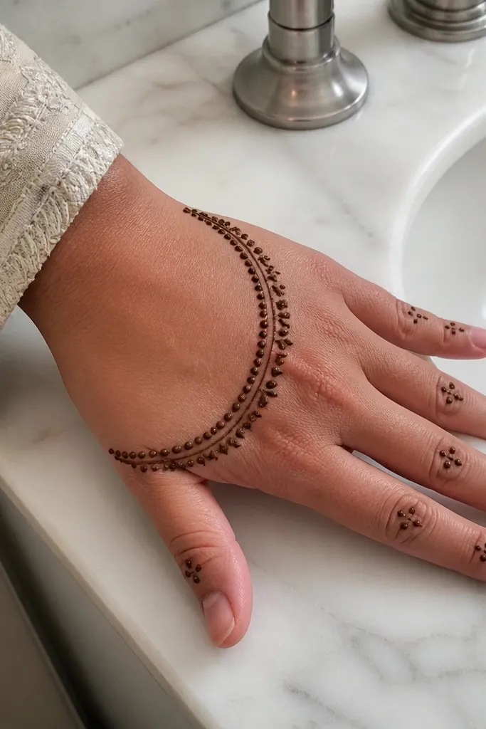 Crescent arc from wrist to fingers with micro dot trails