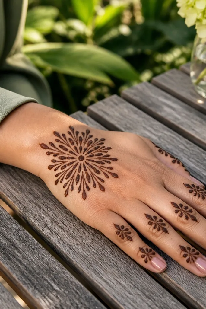 Single flower burst on back hand with petal caps on finger tips