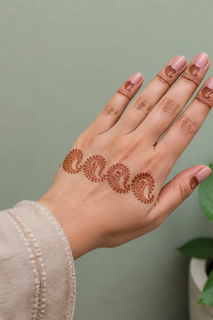 Row of paisleys across back hand with finger outlines