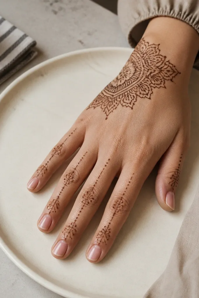 Mandala outline in one corner of back hand with open finger lines