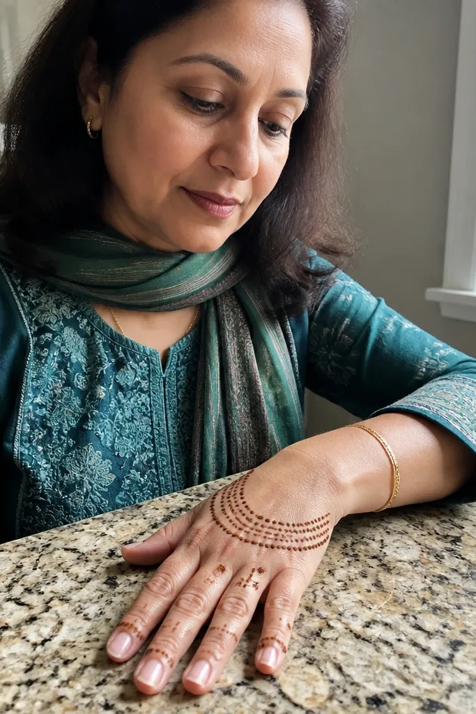 Half-moon border on back hand with dot-filled center and slim finger tips