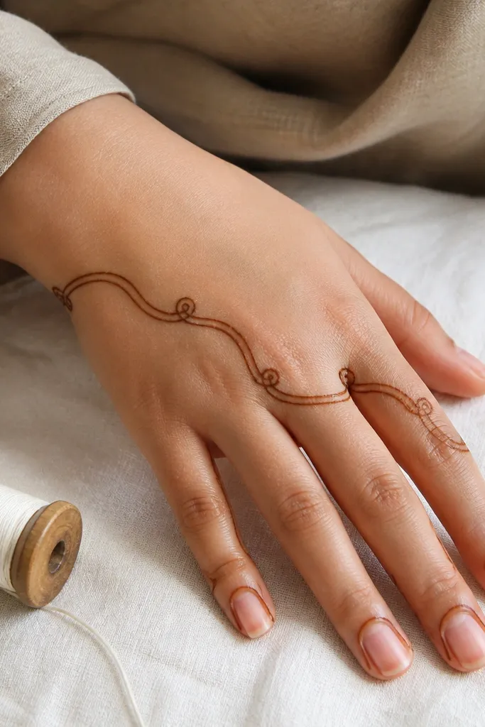 Curved ribbon line across fingers with small loops between knuckles