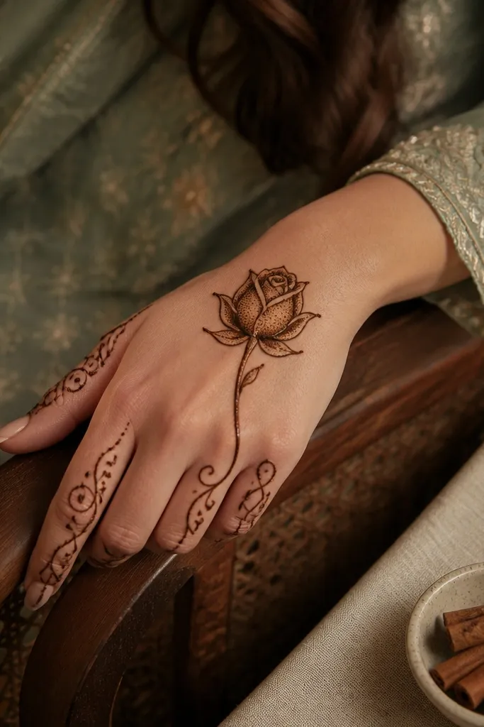 Rosebud on back hand with scroll details on finger sides