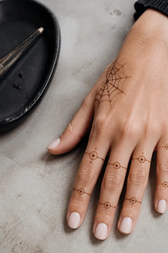 Spider web pattern at back hand corner with small rings at knuckles