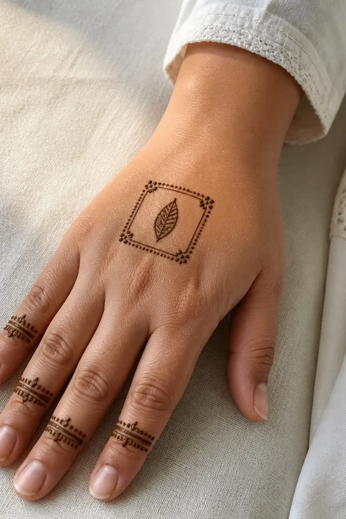 Small frame on back hand with one central leaf shape