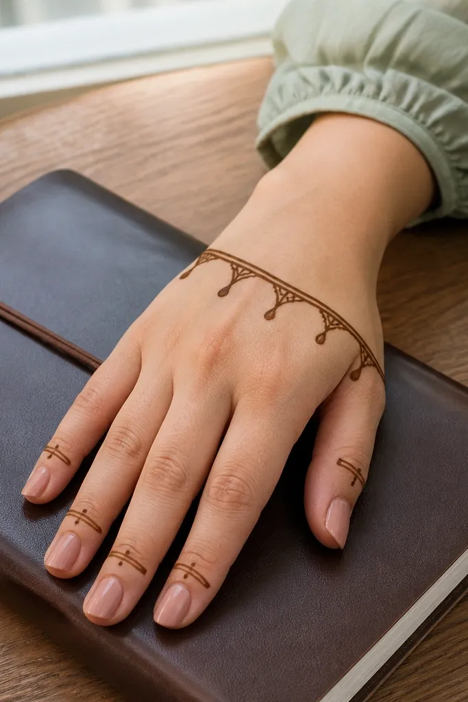 Bracelet-like single line across back hand with tiny hanging teardrops