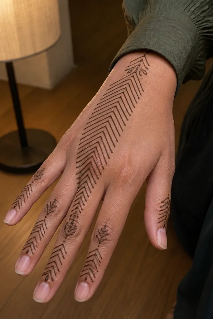 Herringbone pattern on back hand with thin side bars on fingers