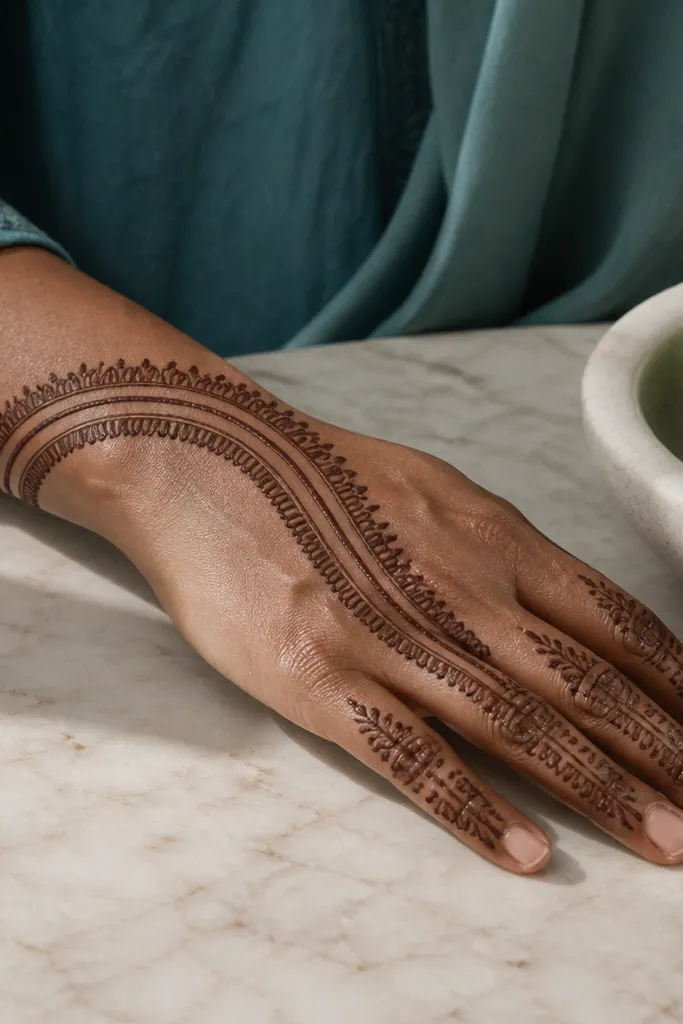 Double border sweep from wrist across back hand with finger outlines