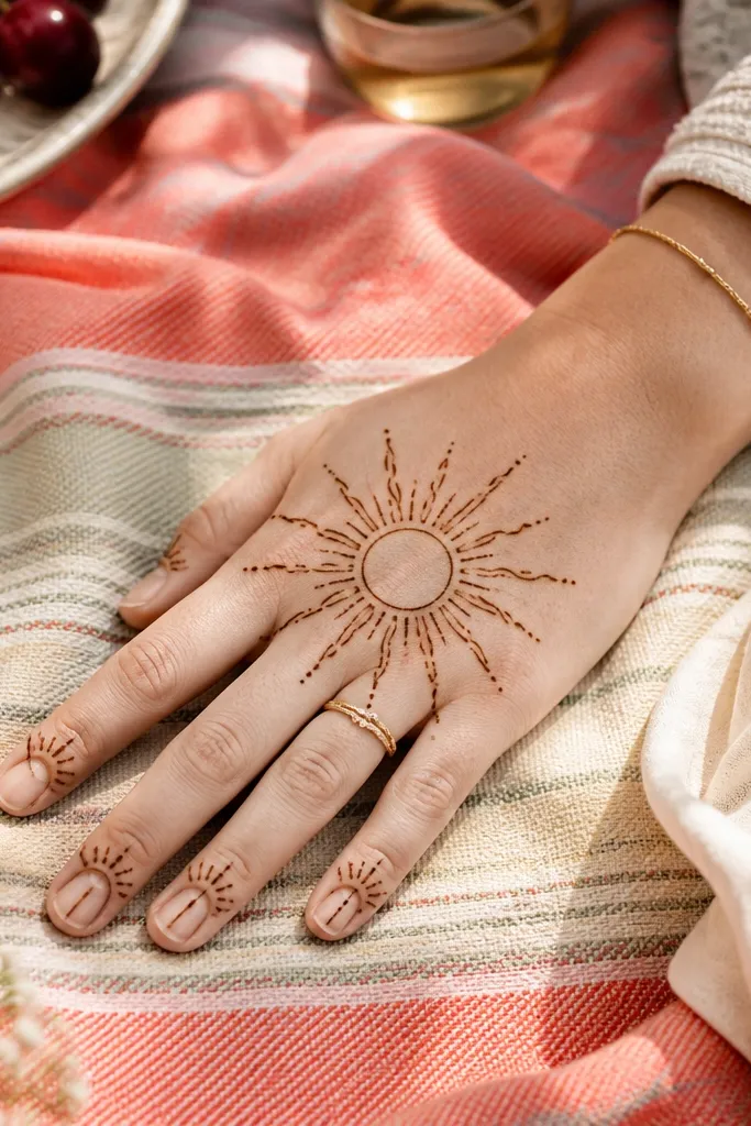 Sunburst in center of back hand with tiny rays at finger tips