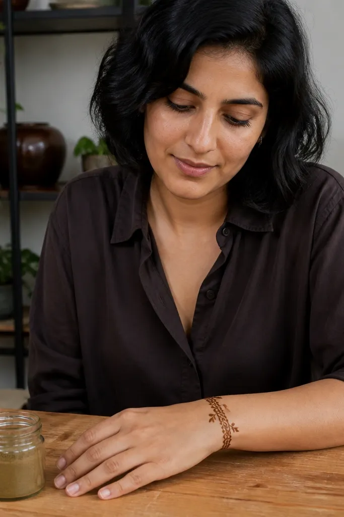 Chain-like wrist pattern with tiny leaf shapes at both corners of the back hand.