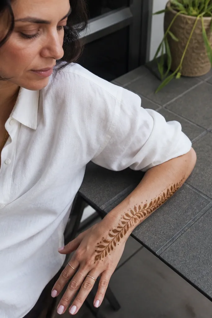 A diagonal line of stacked leaves across the back of the hand with dots in between.