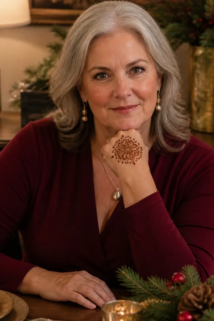 A rosette flower at the wrist with small dot clusters on the back hand.