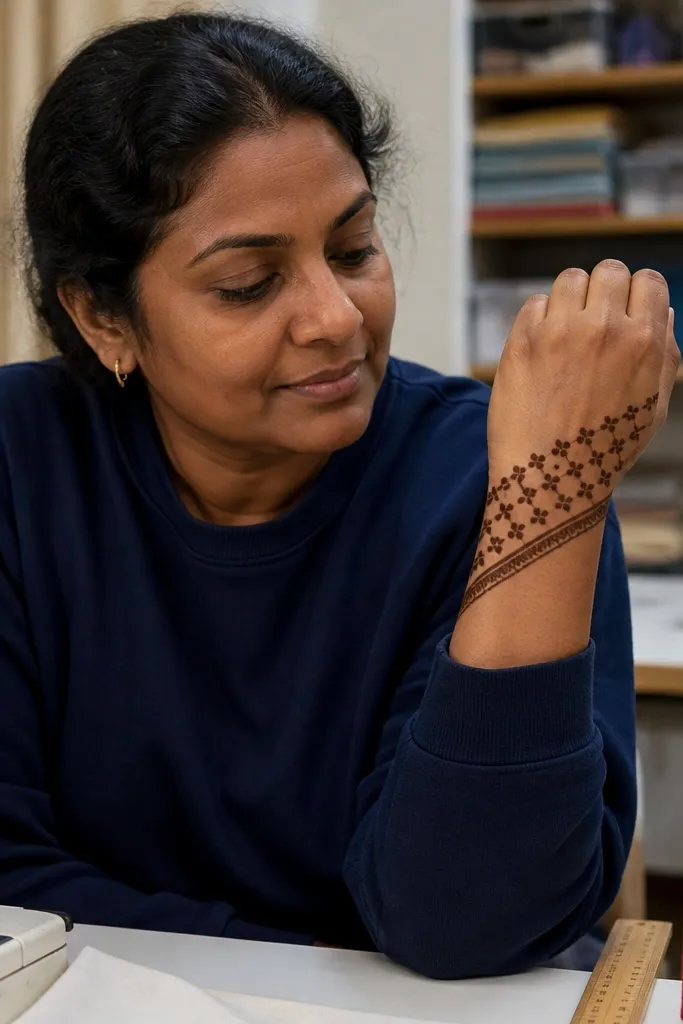 A diagonal bracelet line with small cross-dot marks across the back hand.
