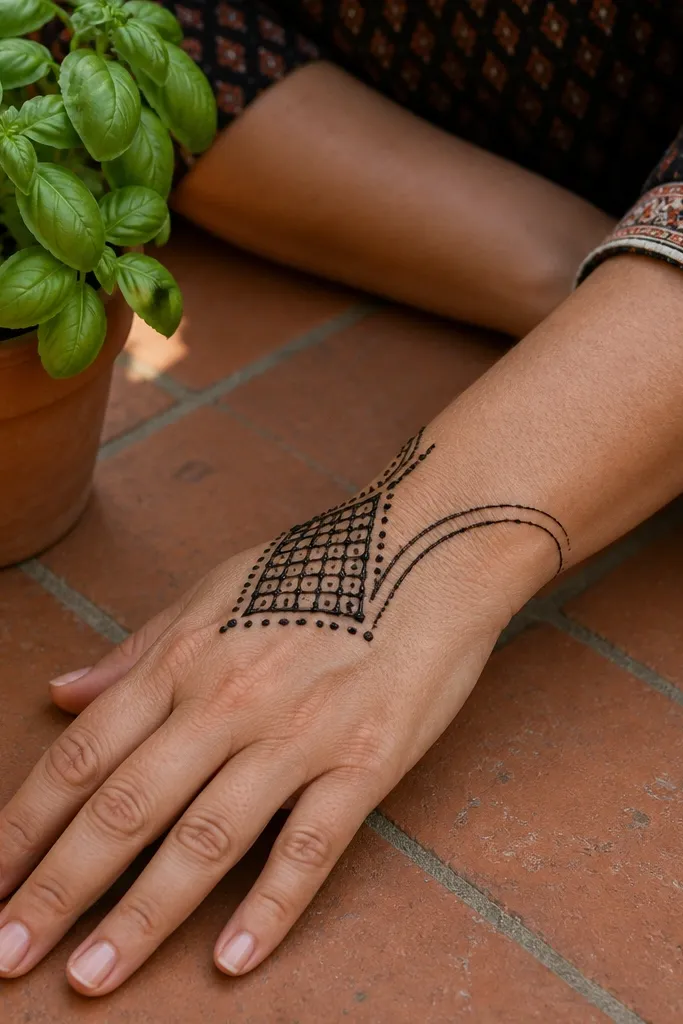 A lattice pattern in one corner of the back hand with a simple wrist line.